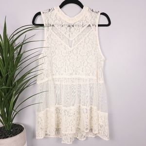 Umgee Cream/Off-White Lace Mock Neck Tank Top L